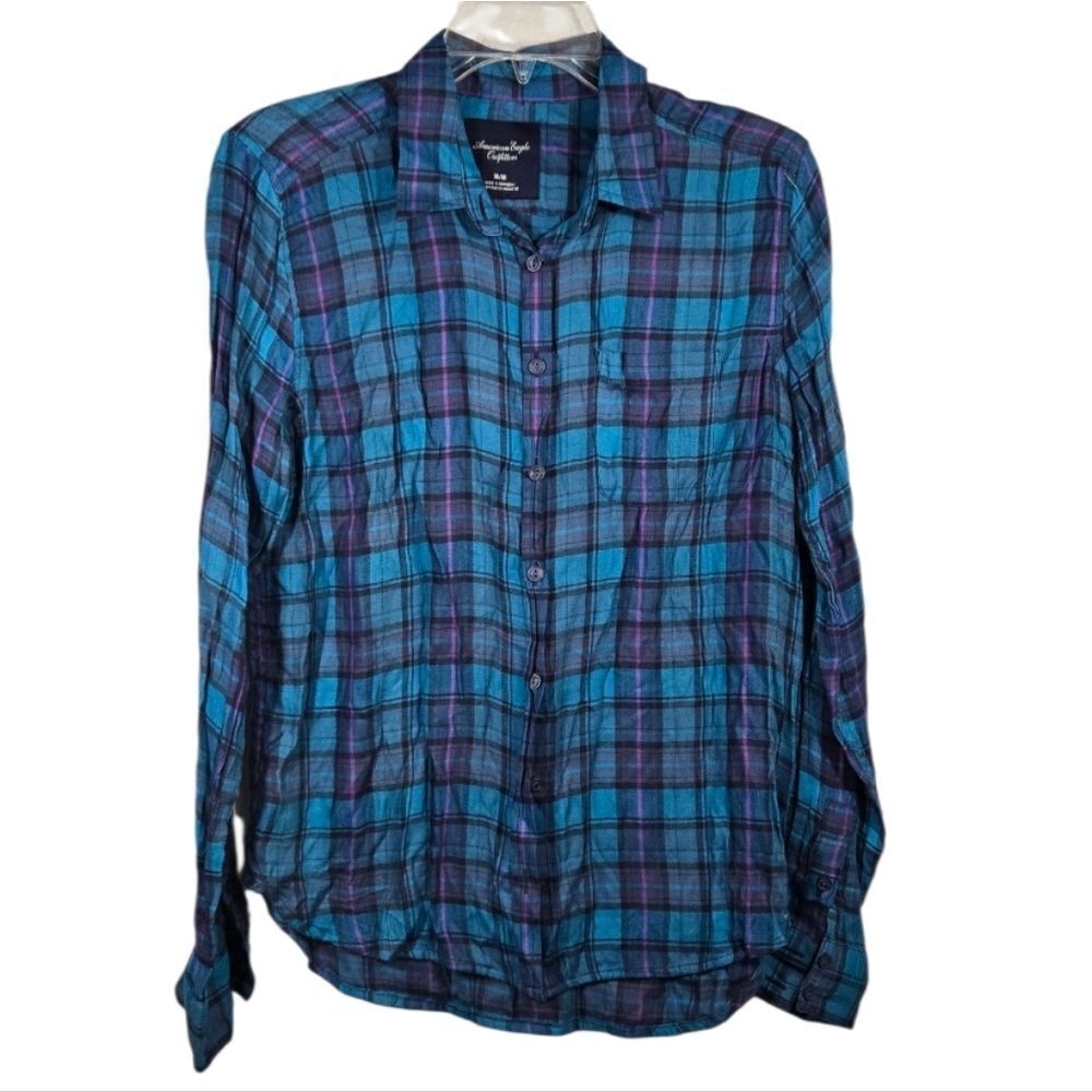 American Eagle Teal Pink Plaid Long Sleeve Button Down Shirt Women's Casual Soft - Picture 2 of 10